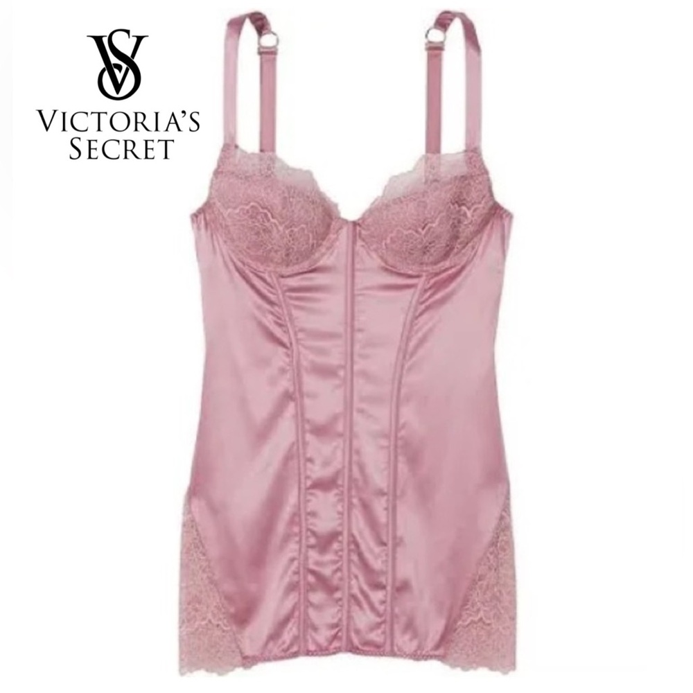 VS stretch satin and lace corset slip dress. Mauve. Sz L